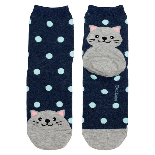 Ladies spotty cat blue socks made of cotton & spandex