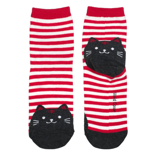 Ladies stripey cat toes red socks made of cotton & spandex
