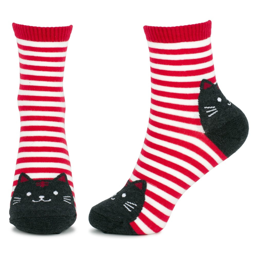 Ladies Stripey Cat Toes Red Socks