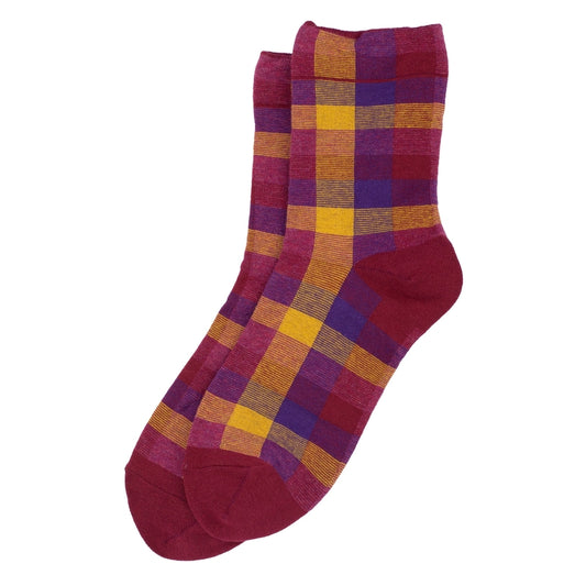 Ladies sunset tone red check socks made of cotton & spandex