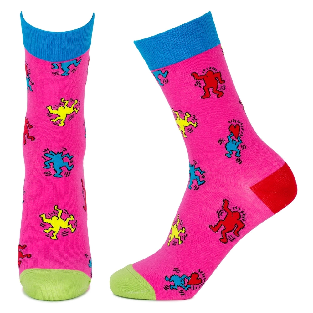 Ladies Inspired By Keith Haring - Pop Art Crowd Pink Socks