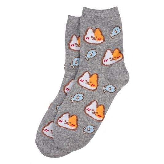 Ladies kawaii cats treats grey socks made of cotton & spandex