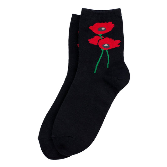 Ladies Black Socks with Red Poppies