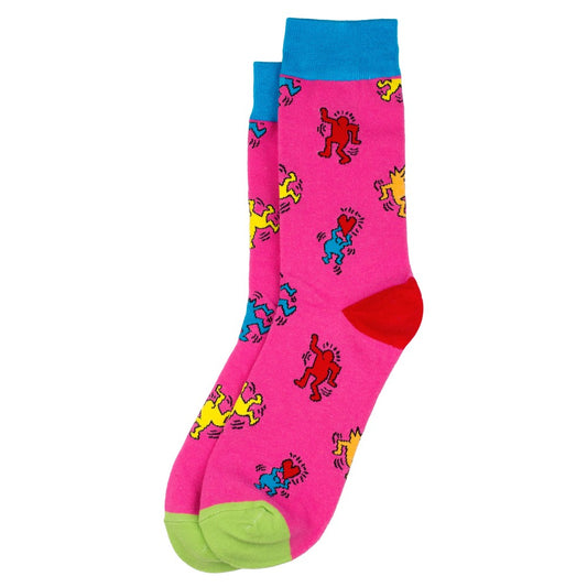 Gents Keith Haring Inspired Pop Art Crowd Pink Socks