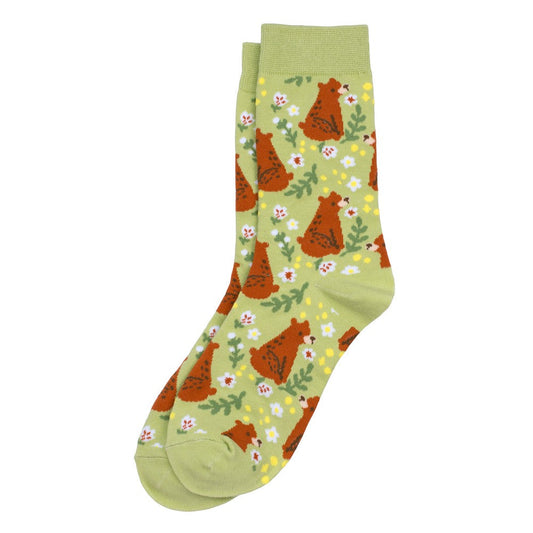 Ladies Woodland Bear Lime Green Socks