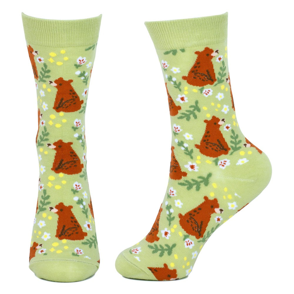 Ladies Woodland Bear Lime Green Socks