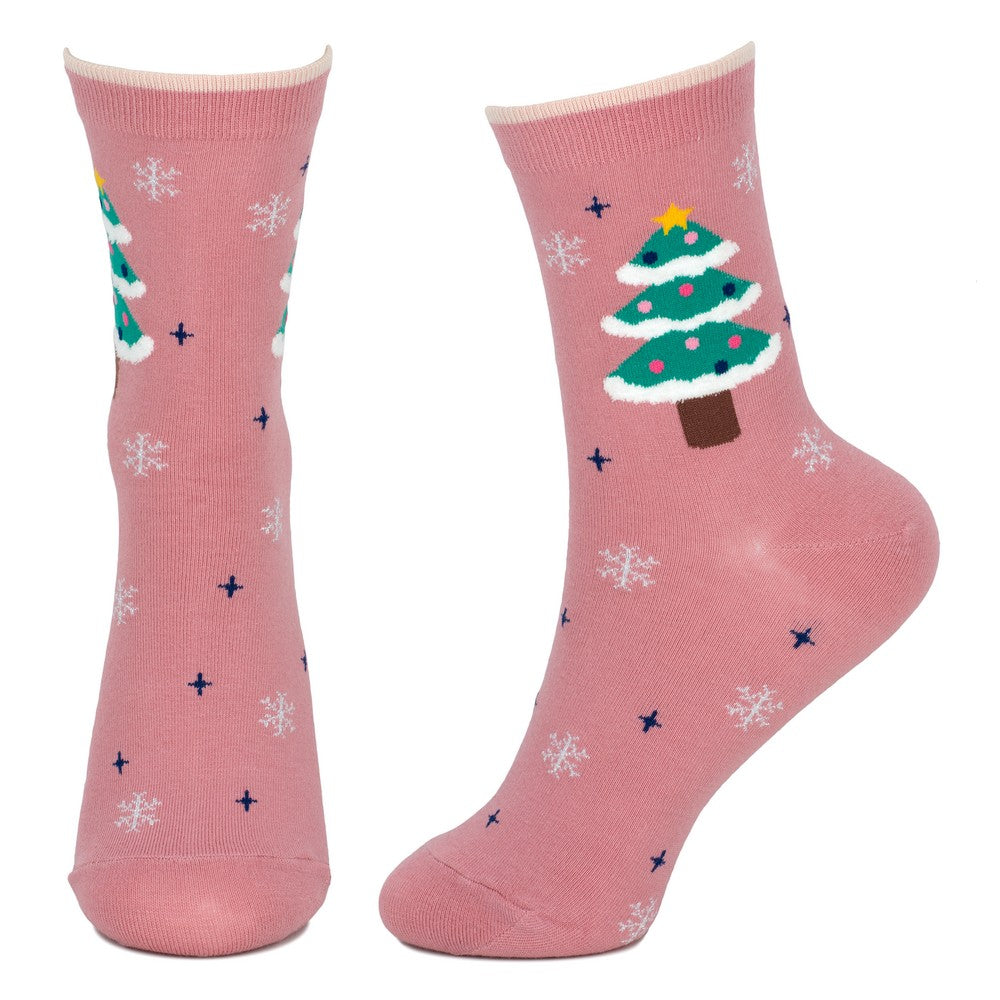 Ladies Snowflake Tree Christmas Socks – Pink