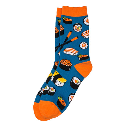 Ladies sushi icon on blue background with orange trim socks made of cotton and spandex
