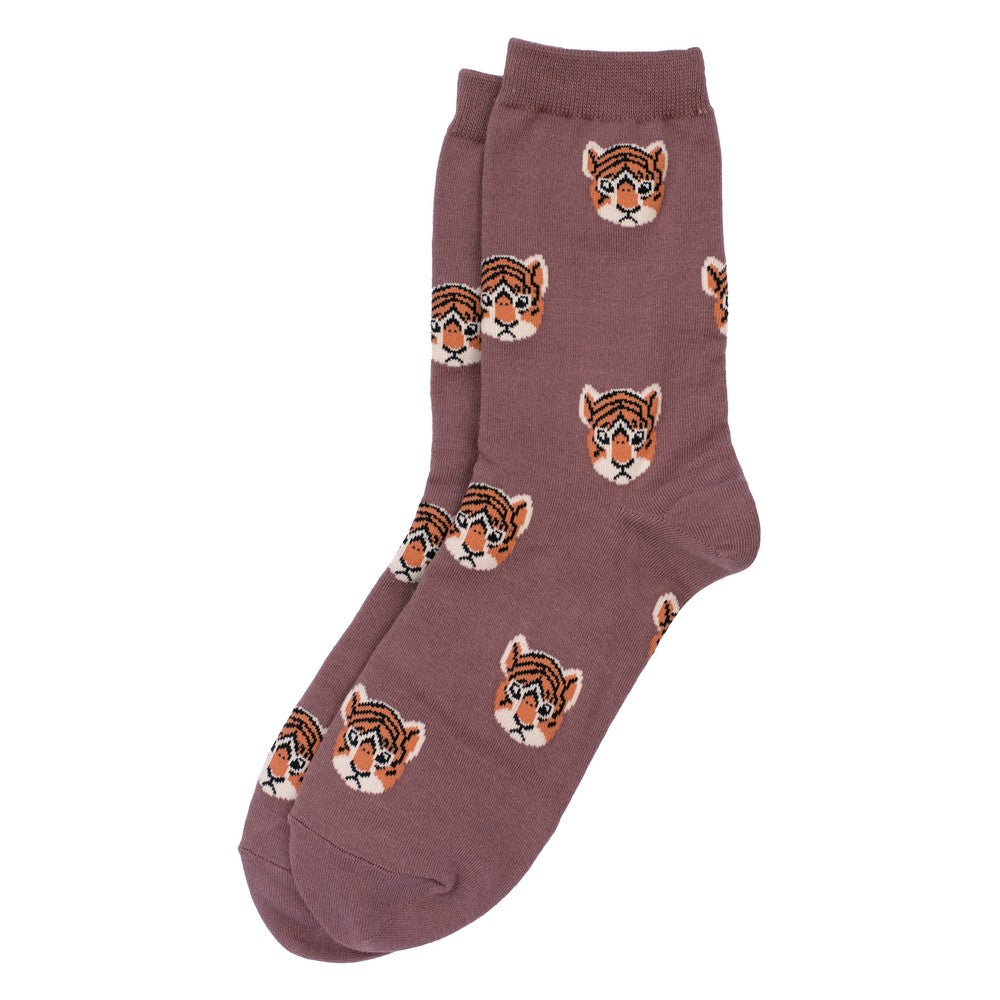 Ladies tiger faces pink socks made of Cotton & Spandex