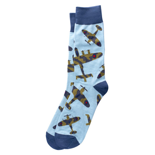 Battle of Britain Memorial Flight Socks featuring iconic WWII aircraft designs on a light blue background.
