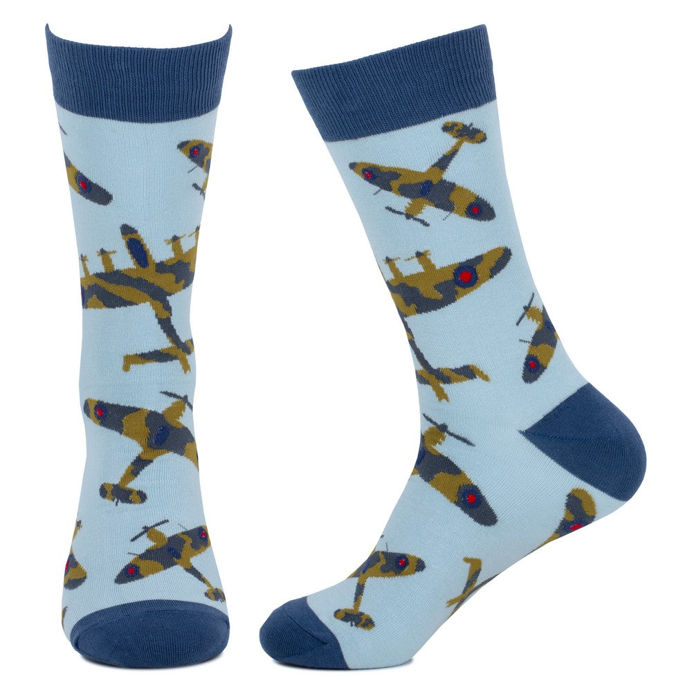 Battle of Britain Memorial Flight socks featuring colorful WWII aircraft designs on a light blue background.