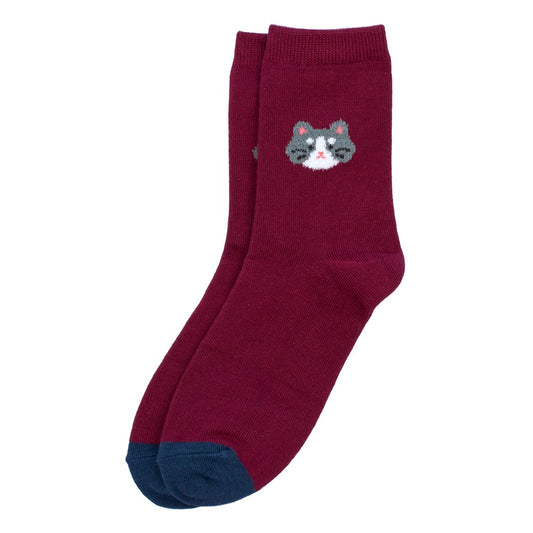 Ladies feline cat burgundy red socks made of Cotton & Spandex