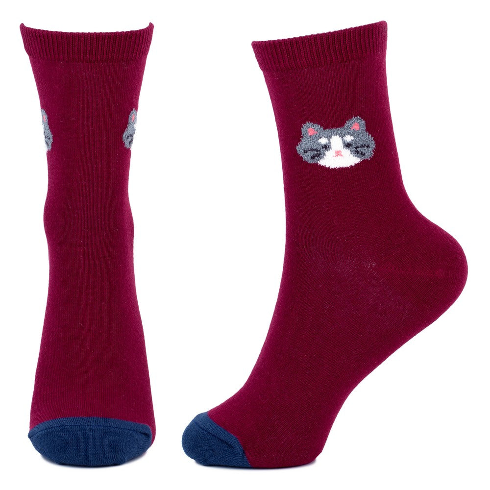 Ladies Feline Cat Burgundy Red Socks