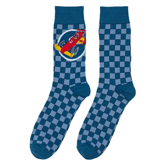 Gents car racing track blue socks made of Cotton & Spandex