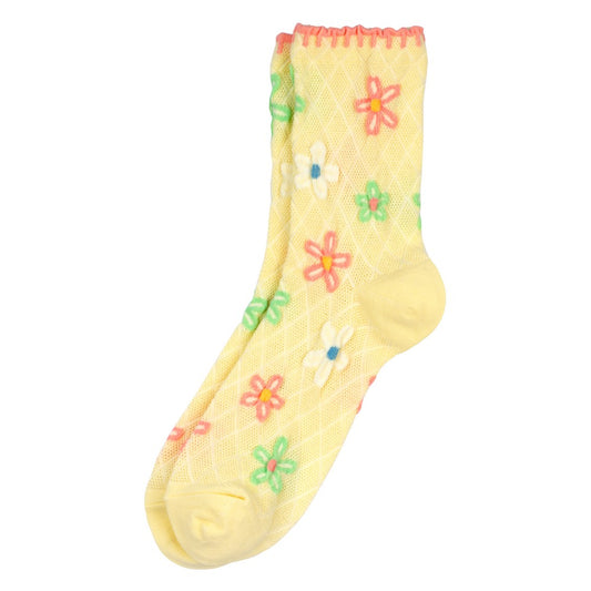 Ladies spring flower blanket stich yellow socks made of cotton & spandex