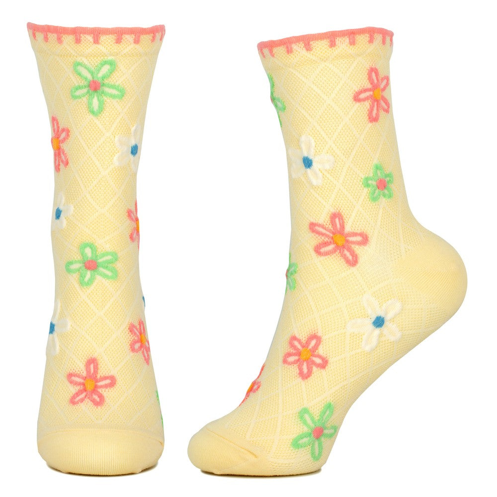Ladies Spring Flower Blanket Stitch Yellow Socks