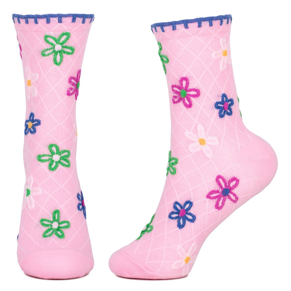 Ladies Spring Flower Blanket Stitch Pink Socks