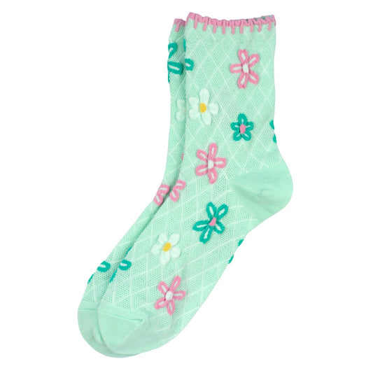 Ladies spring flower blanket stich green socks made of cotton & spandex