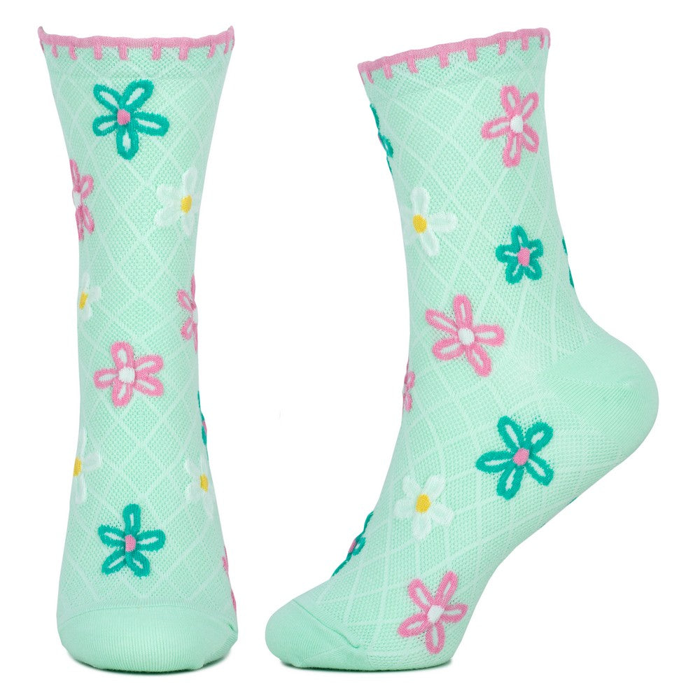 Ladies Spring Flower Blanket Stitch Green Socks