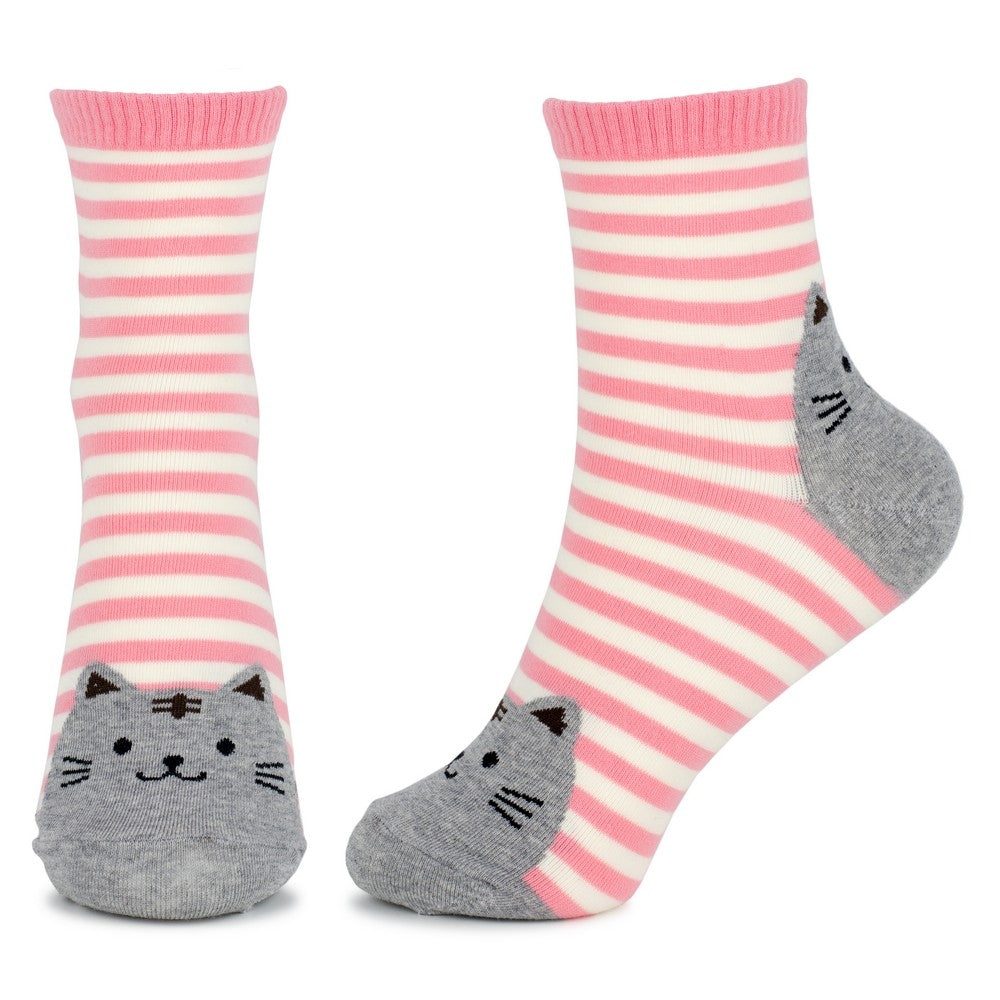 Ladies Stripey Cat Toes Pink Socks