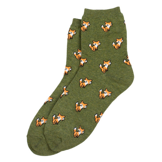 Ladies Tiny Animal Fox Green Socks