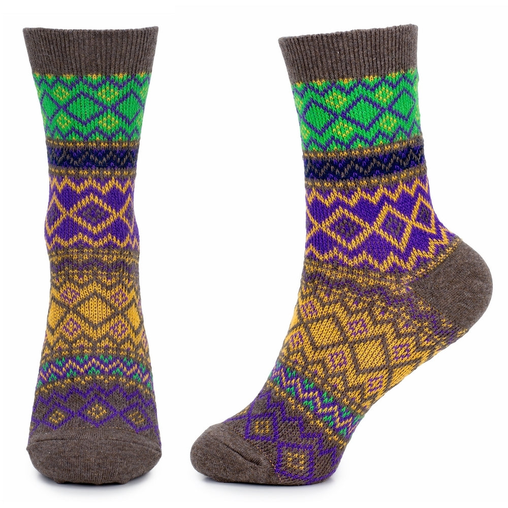 Ladies Jacquard Brown Yellow & Green Socks