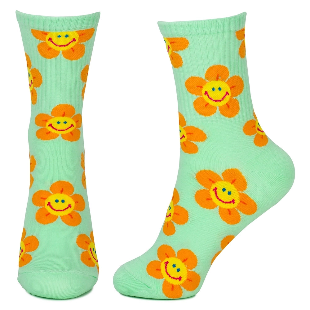 Ladies Sunny Flower Face Green Socks