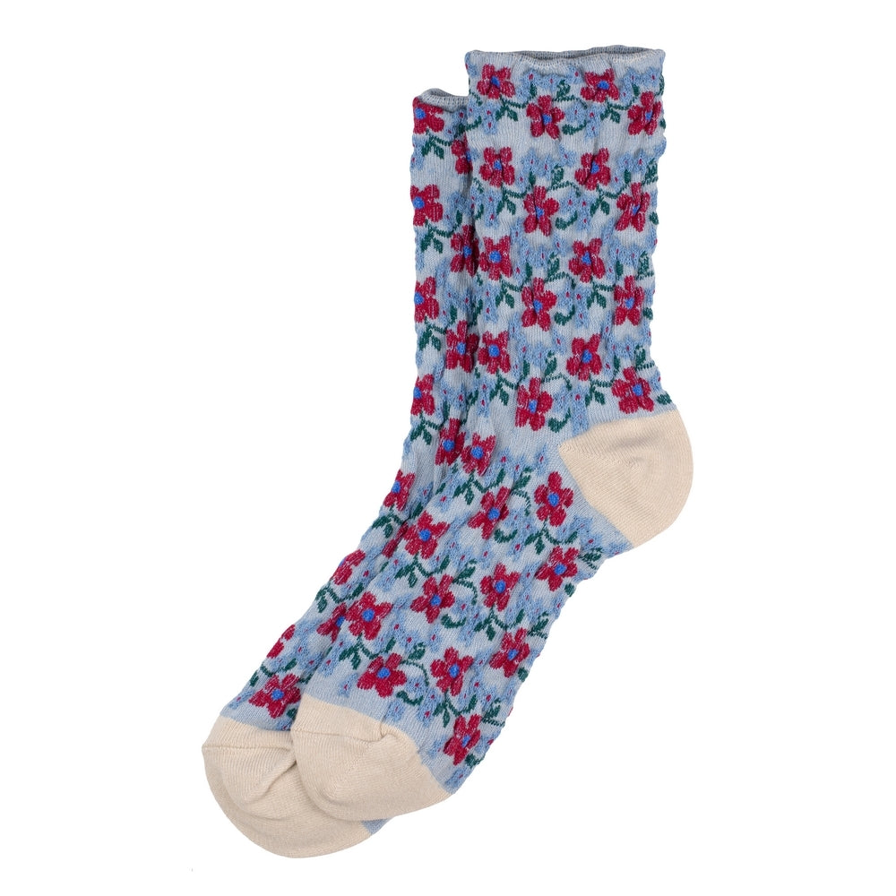 Ladies Embossed Petit Fleur Blue Socks