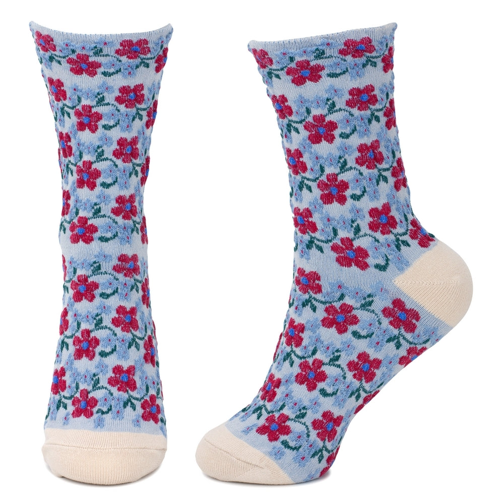 Ladies Embossed Petit Fleur Blue Socks