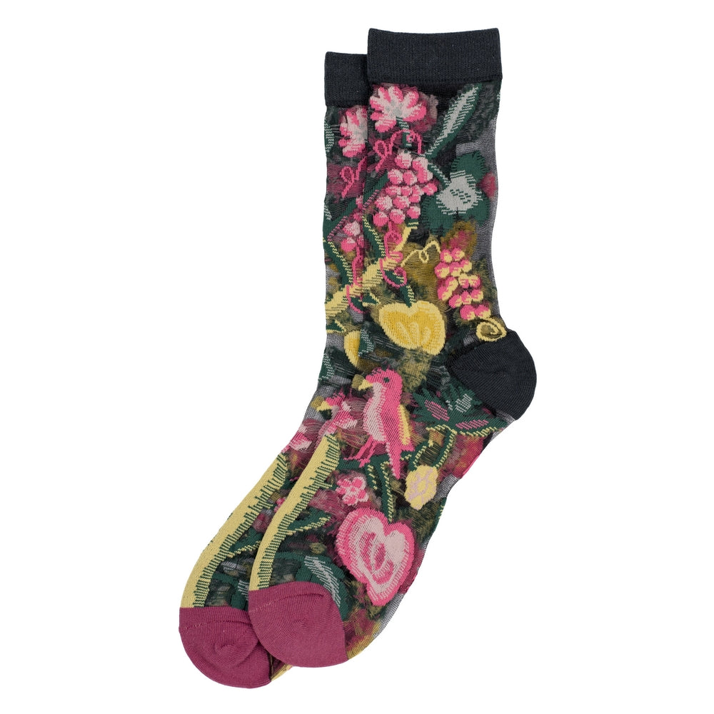 Ladies Sheer Bird & Fruit Black Socks