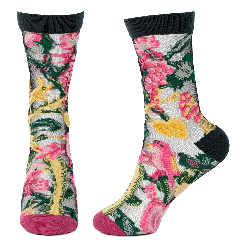 Ladies Sheer Bird & Fruit Black Socks