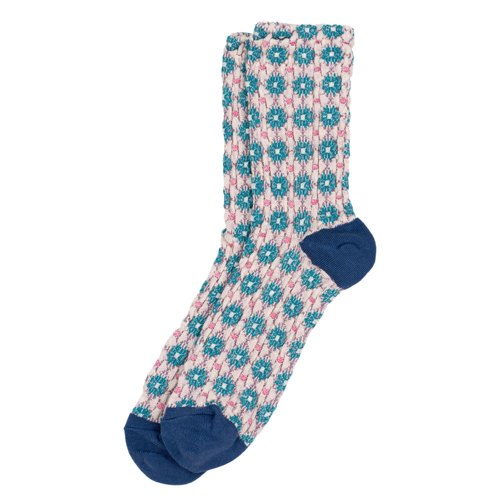 Ladies Embossed Arts & Crafts Flora Blue Socks