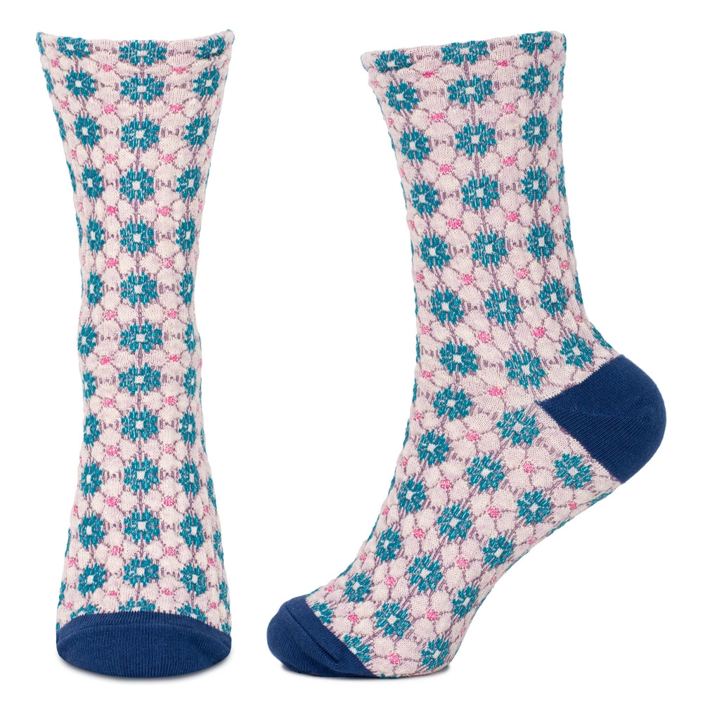 Ladies Embossed Arts & Crafts Flora Blue Socks