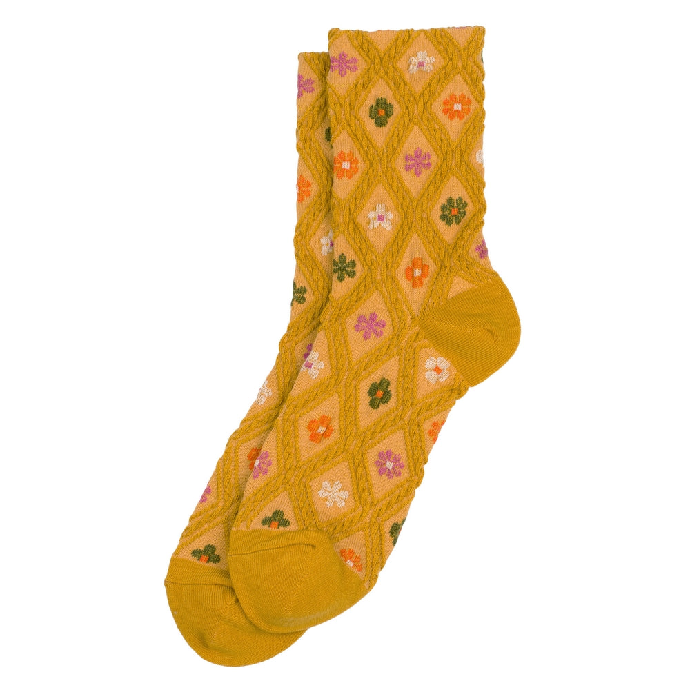 Ladies Embossed Floral Emblem Yellow Socks