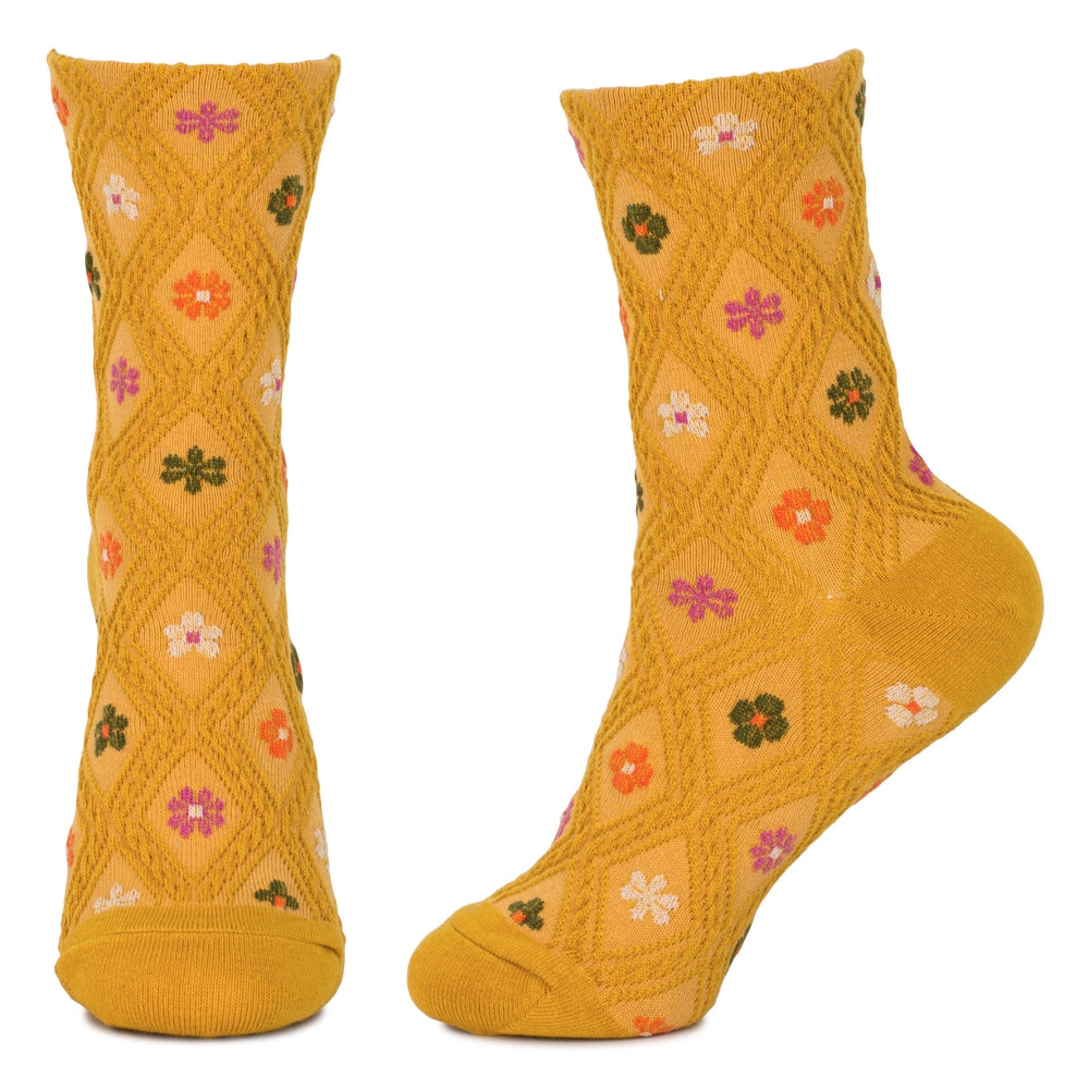 Ladies Embossed Floral Emblem Yellow Socks