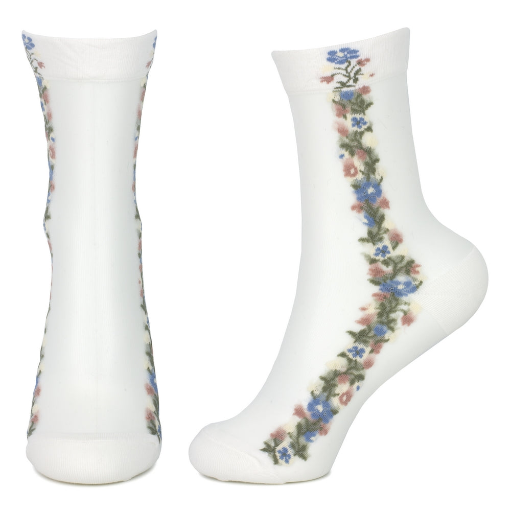 Ladies Sheer Meadow Flower Line White Socks