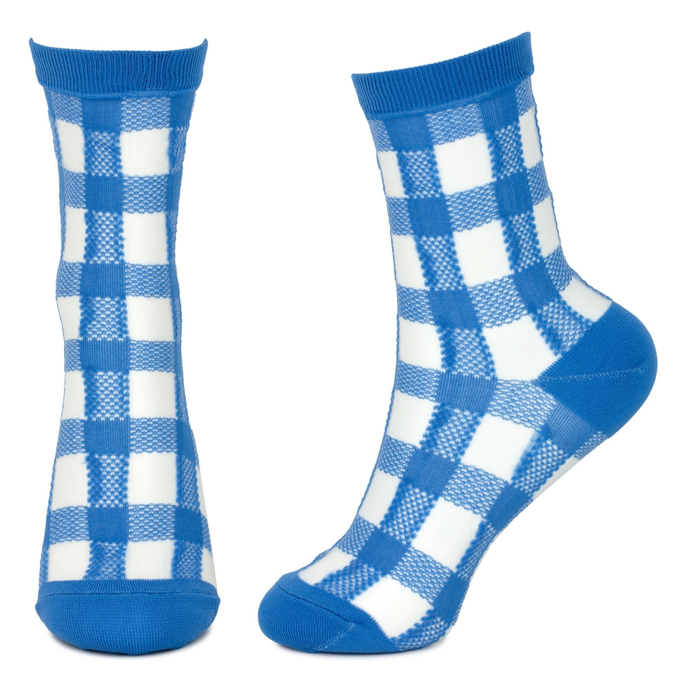 Ladies Sheer Fresh Check Blue Socks