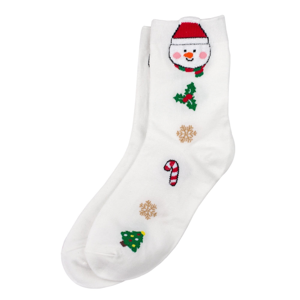 Ladies Pom Pom Snowman Socks – White