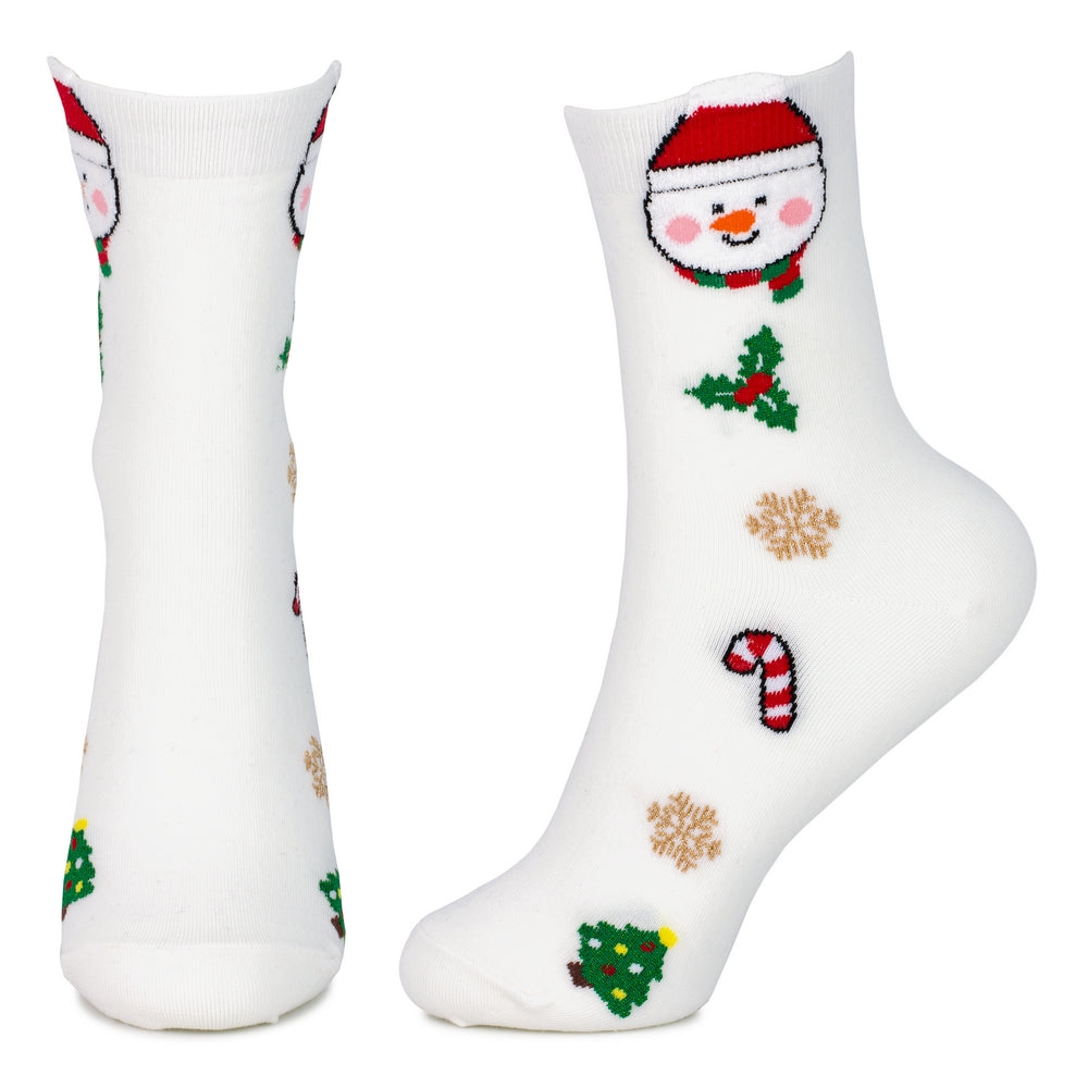 Ladies Pom Pom Snowman Socks – White