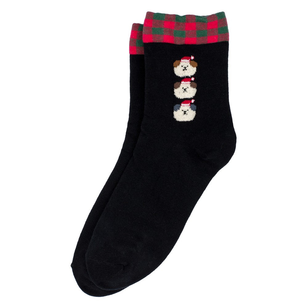 Ladies Checker Cuff Dog Christmas Socks – Black
