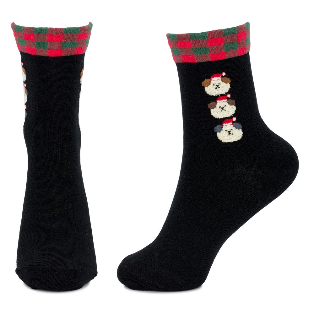 Ladies Checker Cuff Dog Christmas Socks – Black