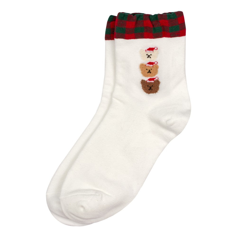 Ladies Checker Cuff Bear Christmas Socks – White