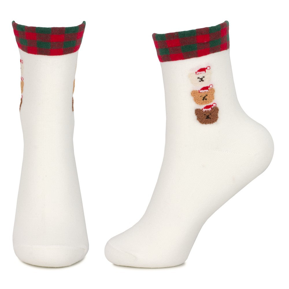 Ladies Checker Cuff Bear Christmas Socks – White