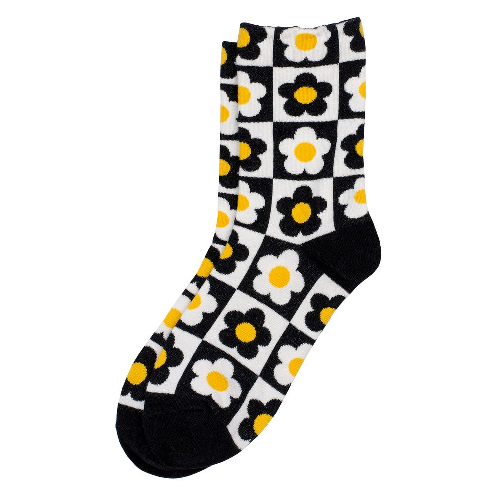 Ladies Flower Checkerboard Blue Socks