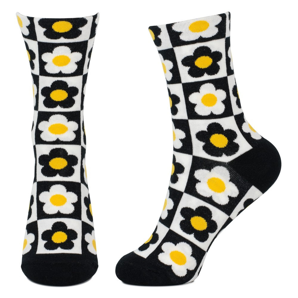 Ladies Flower Checkerboard Black Socks