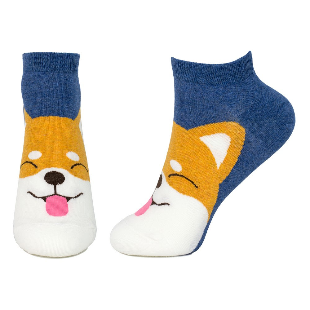Ladies Ankle Playful Corgi Blue Socks