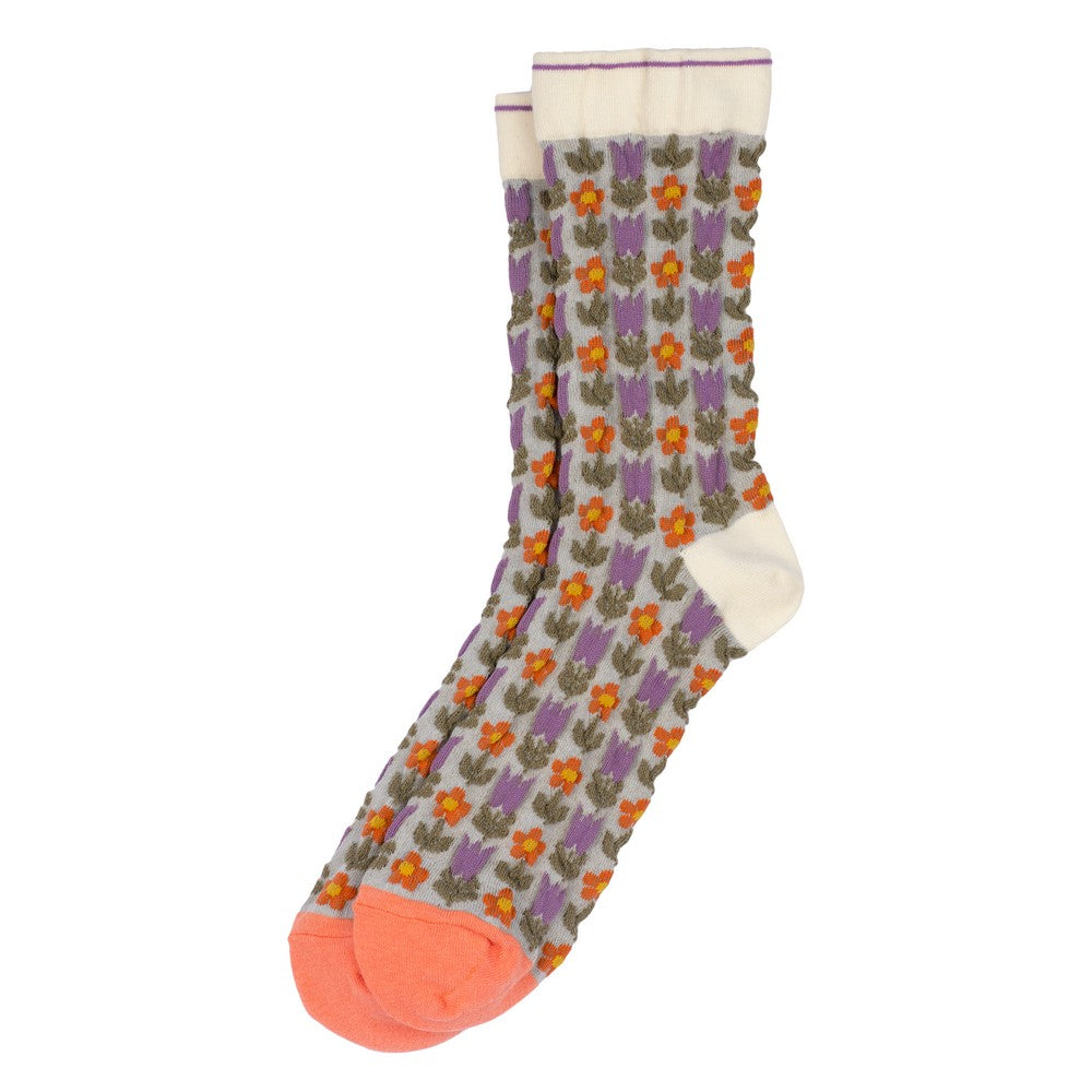 Ladies Embossed Retro Flower Purple & Orange Socks