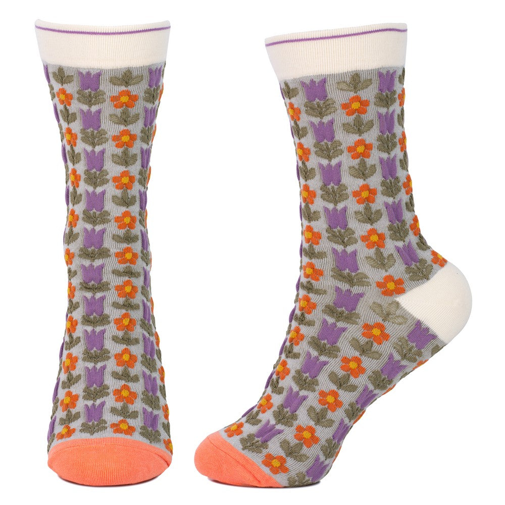 Ladies Embossed Retro Flower Purple & Orange Socks