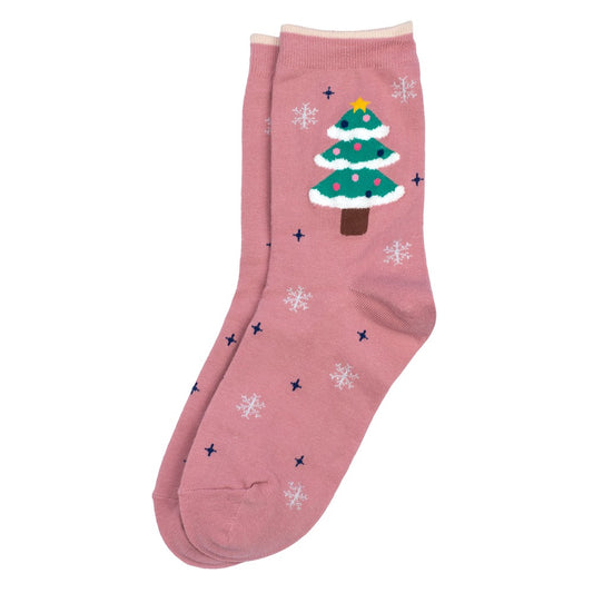 Ladies Snowflake Tree Christmas Socks – Pink
