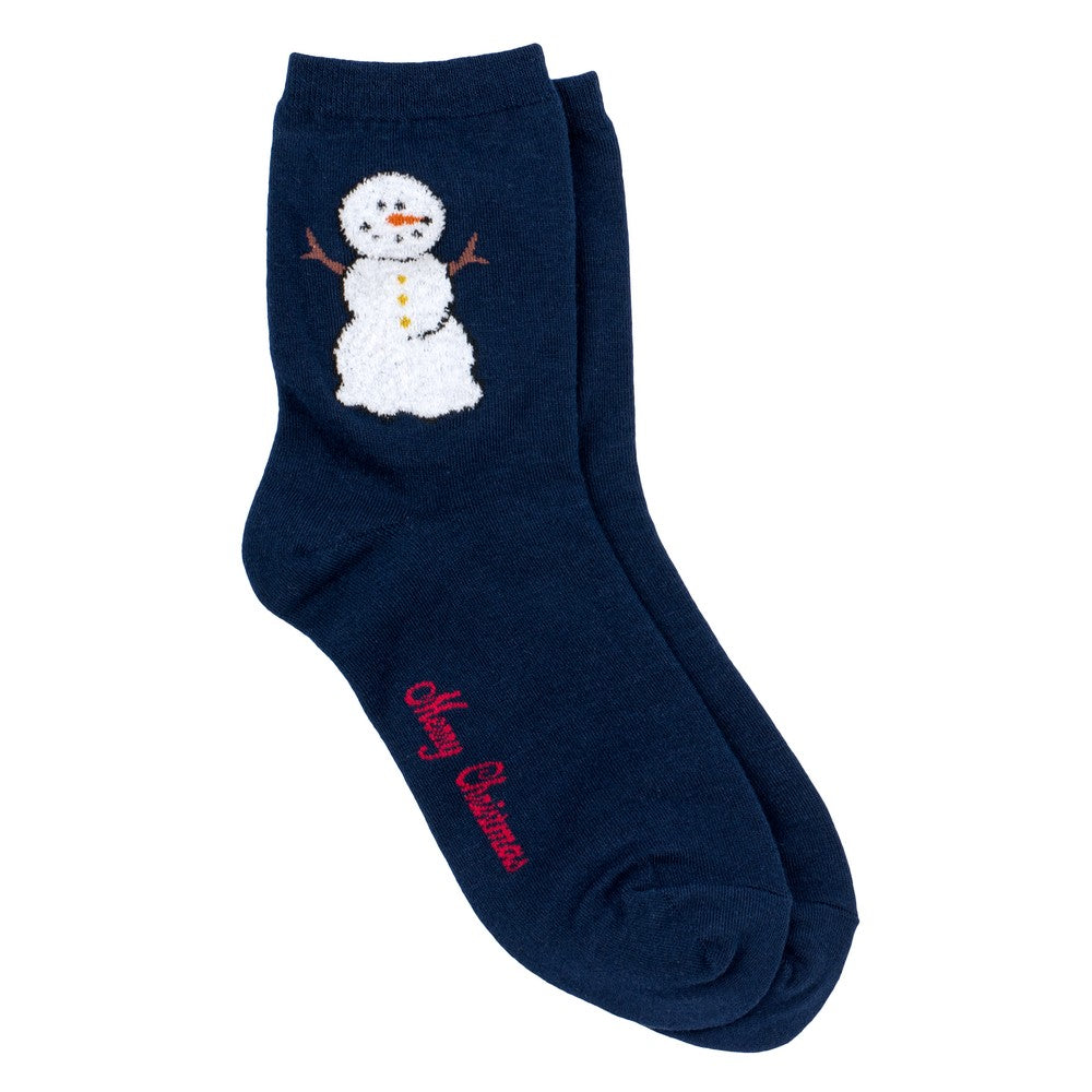 Ladies Fluffy Snowman Socks – Navy Blue